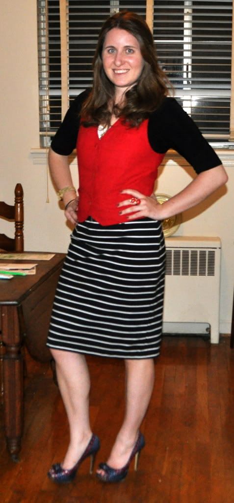 Red vest striped skirt